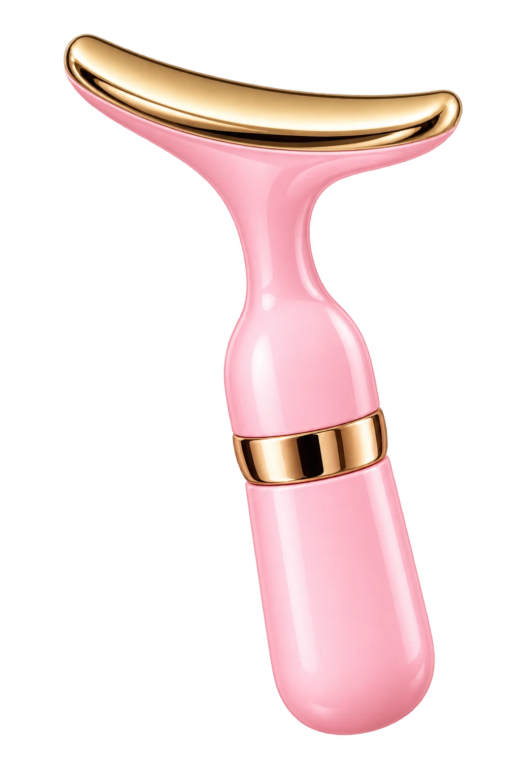 Ilustração do massageador rosa: cabeçote metálico curvo, corpo compacto e acabamento dourado.